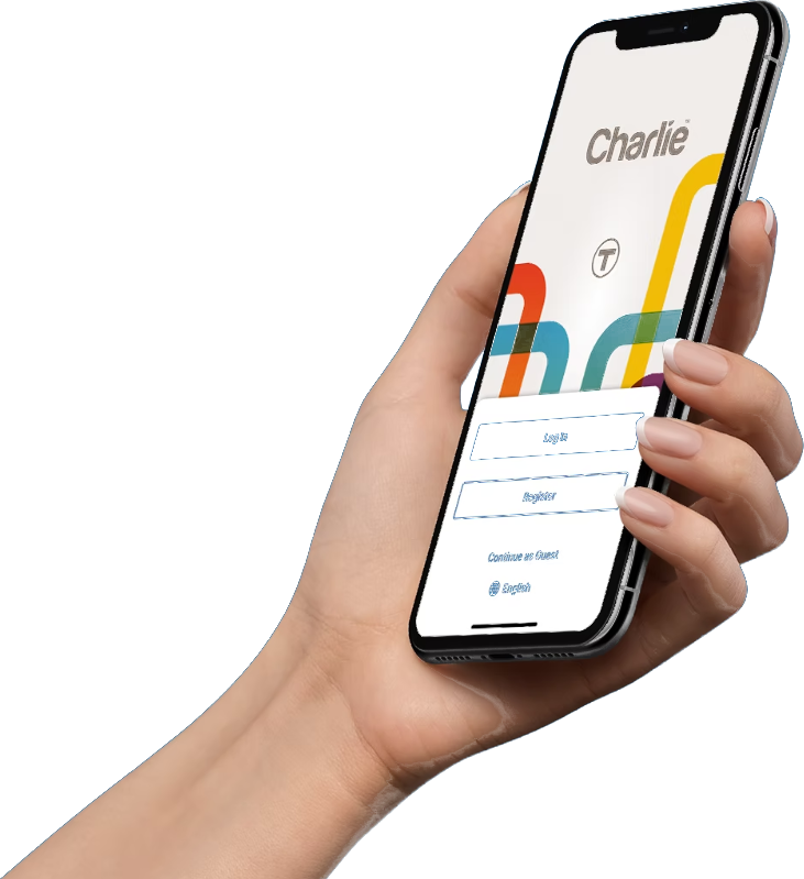 Hand holding a phone with the Charlie app open
