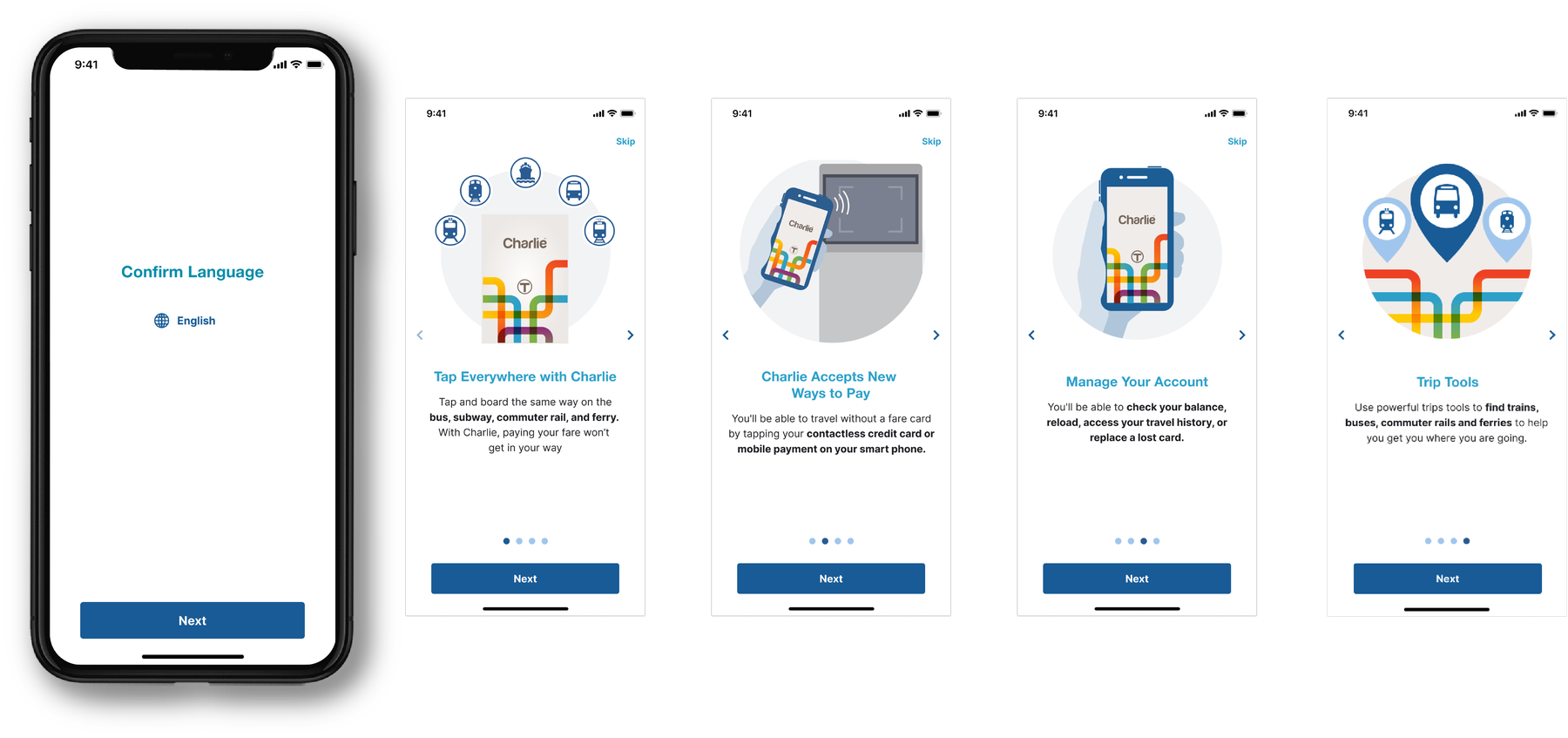 Charlie app onboarding walkthrough screens