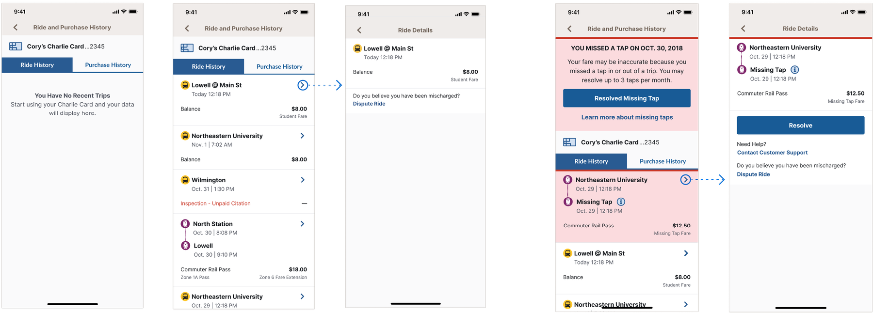 Charlie app ride history screens