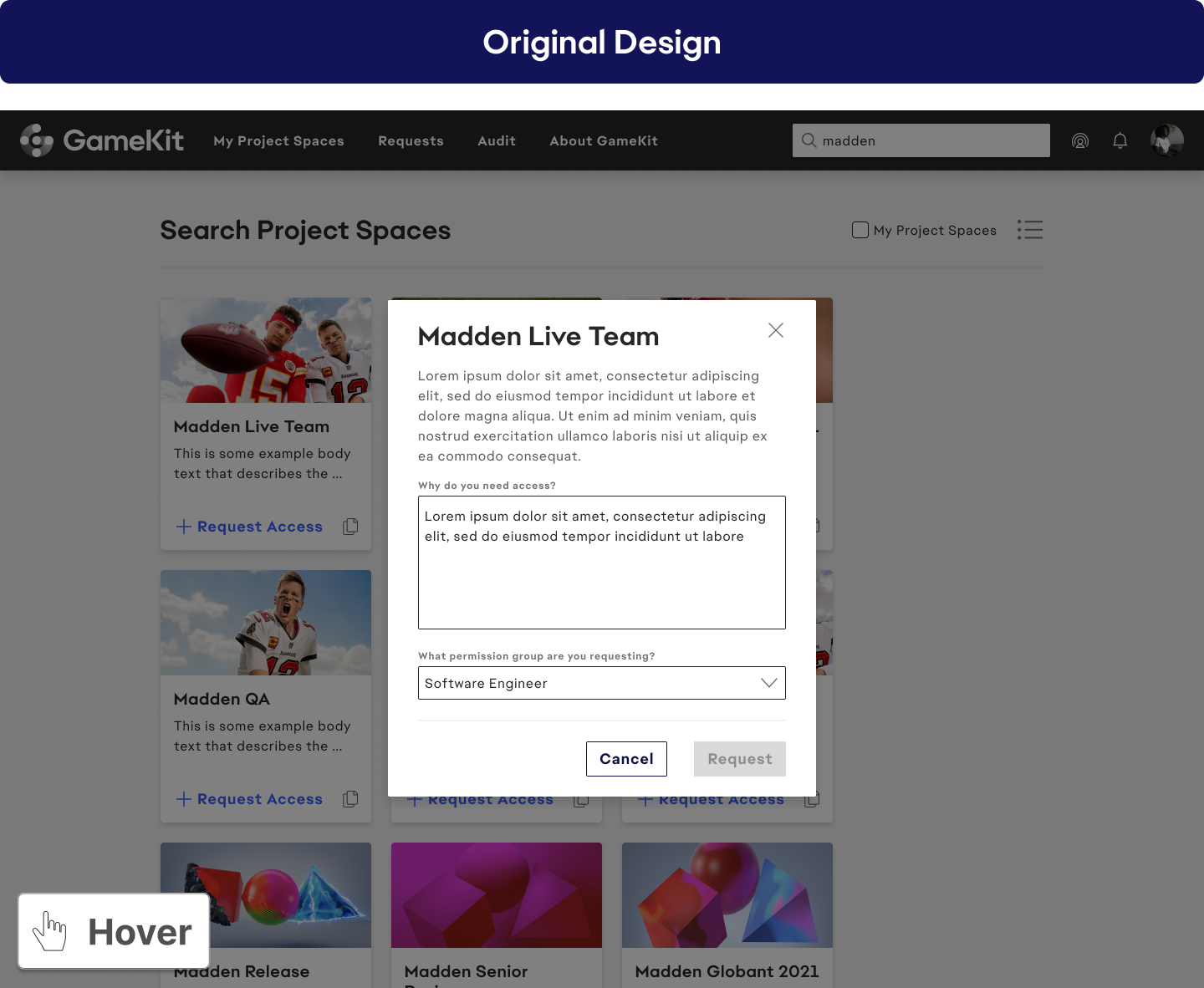 Access request — original design; hover to see the updated design