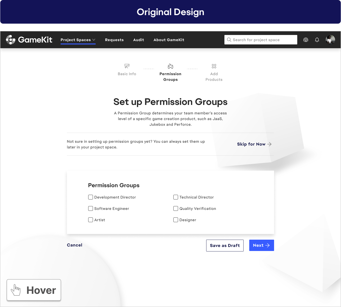 Permission groups — original design; hover to see the updated design